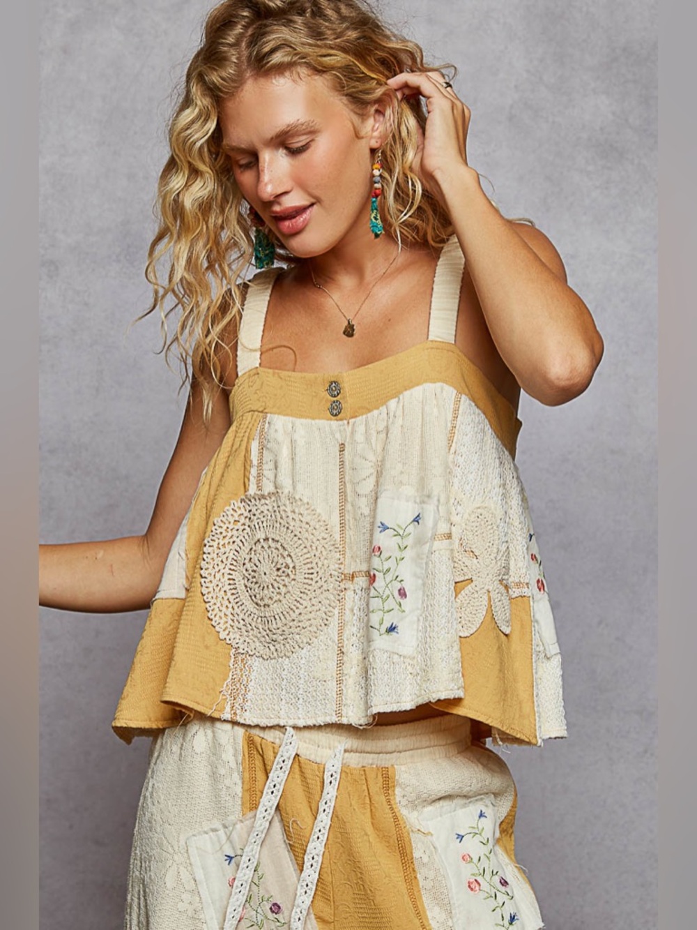 POL Patchwork Cream and Mustard Top and Wide-Leg pant set - Picture 9 of 12